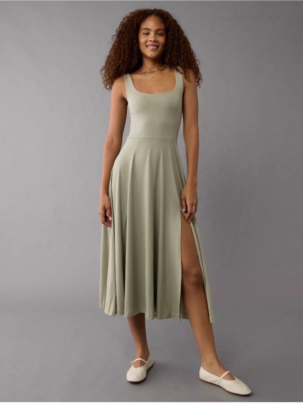 American Eagle Outfitters Olive Green Scoop Neck Midi Dress with Side Slit